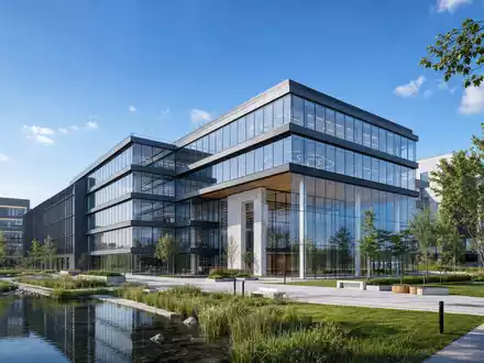 Topdanmark A/S (ISIN DK0060477503) Architektur-Render zeigt modernes Glas-Bürogebäude mit skandinavischem Design in Ballerup - Foto: THN