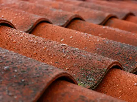 Topdanmark A/S (ISIN DK0060477503) Makroaufnahme zeigt rote Dachziegel mit Regentropfen als Symbol für Hausversicherungsrisiko - Foto: THN