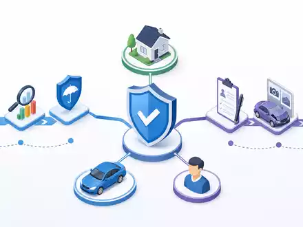 Topdanmark A/S (ISIN DK0060477503) isometrisches 3D-Diagramm zeigt Versicherungswertschöpfungskette mit Haus, Auto und Personen-Icons - Foto: THN