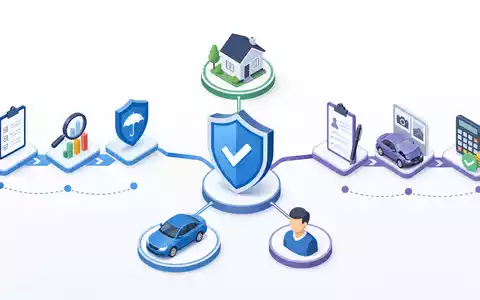 Topdanmark A/S (ISIN DK0060477503) isometrisches 3D-Diagramm zeigt Versicherungswertschöpfungskette mit Haus, Auto und Personen-Icons - Foto: THN