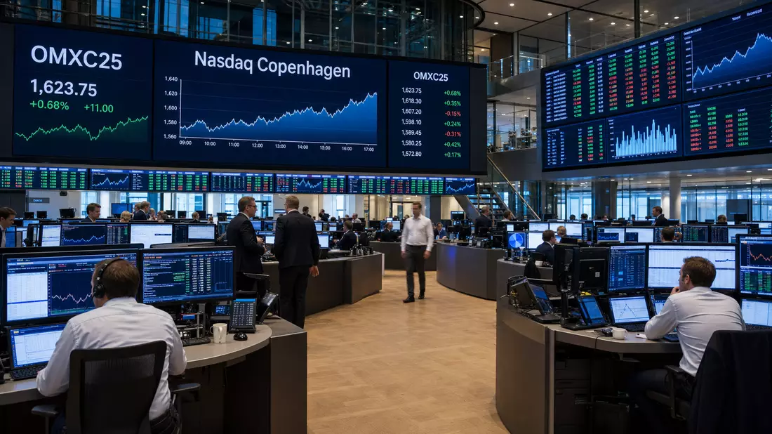 Trading-Floor-Foto mit Bildschirmen zu Nasdaq Copenhagen und OMXC25