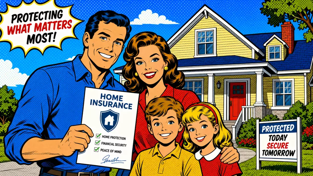 Pop-Art-Comic einer Familie mit Versicherungspapier vor buntem Haus
