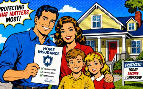 Topdanmark A/S (ISIN DK0060477503) Pop-Art-Comic zeigt glückliche Familie mit Hausversicherungsdokument vor eigenem Haus - Foto: THN
