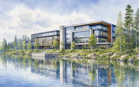 Aquarellmalerei zeigt Bürogebäude am See in Espoo, Sitz der Valmet Oyj, ISIN FI4000074984, Nasdaq Helsinki - Foto: THN