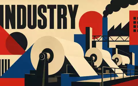 Bauhaus-Poster mit geometrischen Papierrollen visualisiert Industriesektor von Valmet Oyj, ISIN FI4000074984, Nasdaq Helsinki OMX gelistet - Foto: THN