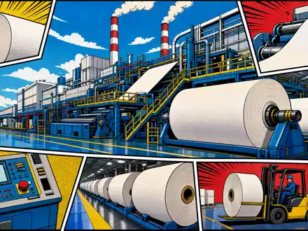 Pop-Art-Comic zeigt bunte Papierfabrik-Szene mit Papierrollen, symbolisiert Valmet Oyj, ISIN FI4000074984, Nasdaq Helsinki OMX notiert - Foto: THN