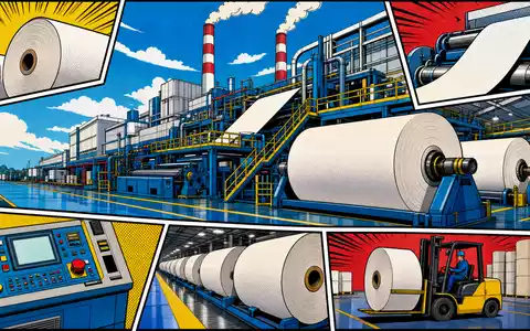 Pop-Art-Comic zeigt bunte Papierfabrik-Szene mit Papierrollen, symbolisiert Valmet Oyj, ISIN FI4000074984, Nasdaq Helsinki OMX notiert - Foto: THN