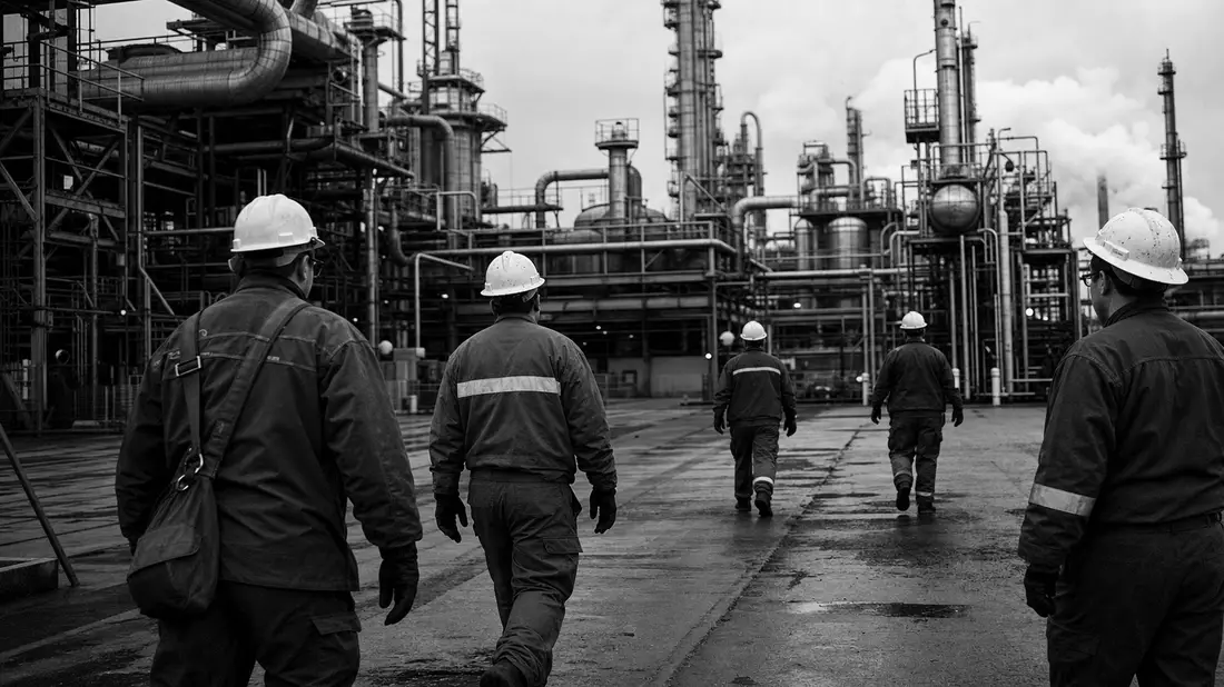 Dokumentarische Schwarzweiß-Aufnahme von Arbeitern im Chemiewerk, Bezug LyondellBasell (NL0009434992)