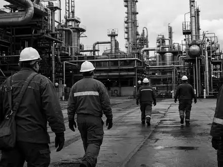 Schwarzweiße Reportage-Aufnahme von Werksarbeitern illustriert die Chemiebranche von LyondellBasell, Aktie mit ISIN NL0009434992 - Foto: THN