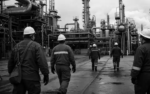Schwarzweiße Reportage-Aufnahme von Werksarbeitern illustriert die Chemiebranche von LyondellBasell, Aktie mit ISIN NL0009434992 - Foto: THN