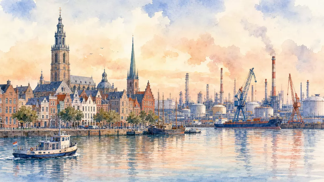 Aquarell einer Hafenstadt mit Chemiepark im Hintergrund, künstlerischer Bezug zu LyondellBasell (NL0009434992)