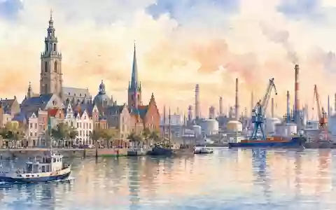 Aquarellmalerei einer Hafenstadt mit Industriepark visualisiert den europäischen Standort von LyondellBasell, ISIN NL0009434992, künstlerisch - Foto: THN