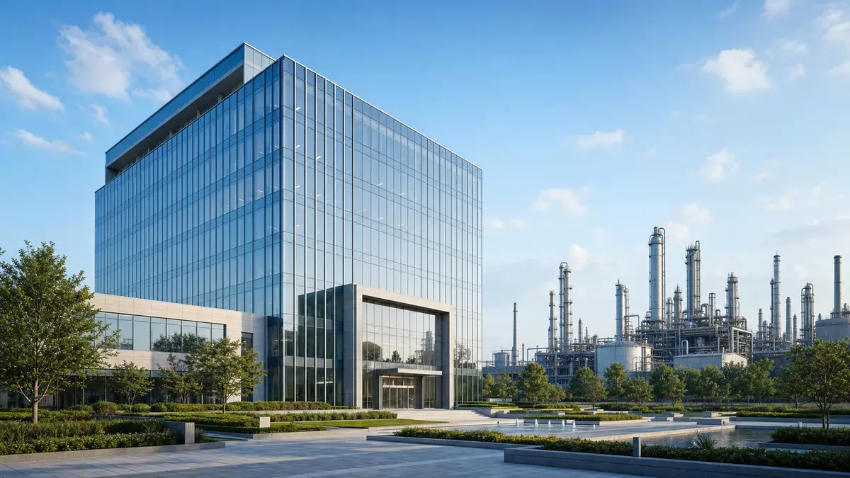 3D-Render eines Firmengebäudes mit Industrieanlage, gestalterischer Bezug zu LyondellBasell (NL0009434992)