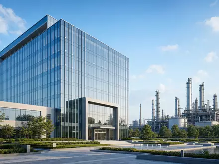 Architektur-Render eines modernen Bürogebäudes neben Chemieanlage repräsentiert den Konzern LyondellBasell, Wertpapierkennung ISIN NL0009434992, digital - Foto: THN