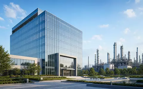 Architektur-Render eines modernen Bürogebäudes neben Chemieanlage repräsentiert den Konzern LyondellBasell, Wertpapierkennung ISIN NL0009434992, digital - Foto: THN
