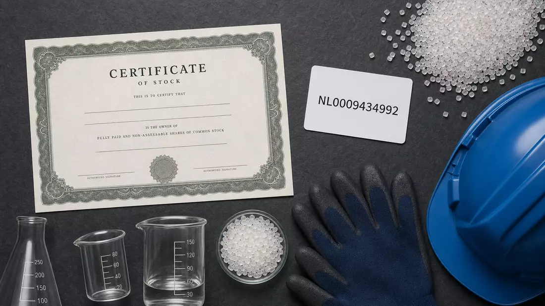 Flatlay mit Aktienzertifikat und ISIN-Karte, Investment-Motiv zu LyondellBasell (NL0009434992)