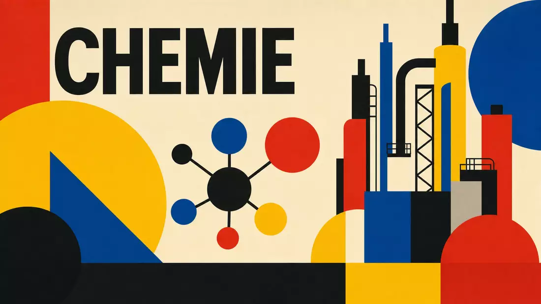 Bauhaus-Poster mit Chemie-Symbolik und geometrischen Formen, Bezug zu LyondellBasell (NL0009434992)