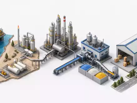 Isometrische 3D-Grafik der Wertschöpfungskette veranschaulicht das Geschäftsmodell von LyondellBasell von Rohstoff bis Produkt, ISIN NL0009434992 - Foto: THN
