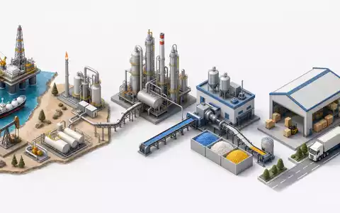 Isometrische 3D-Grafik der Wertschöpfungskette veranschaulicht das Geschäftsmodell von LyondellBasell von Rohstoff bis Produkt, ISIN NL0009434992 - Foto: THN