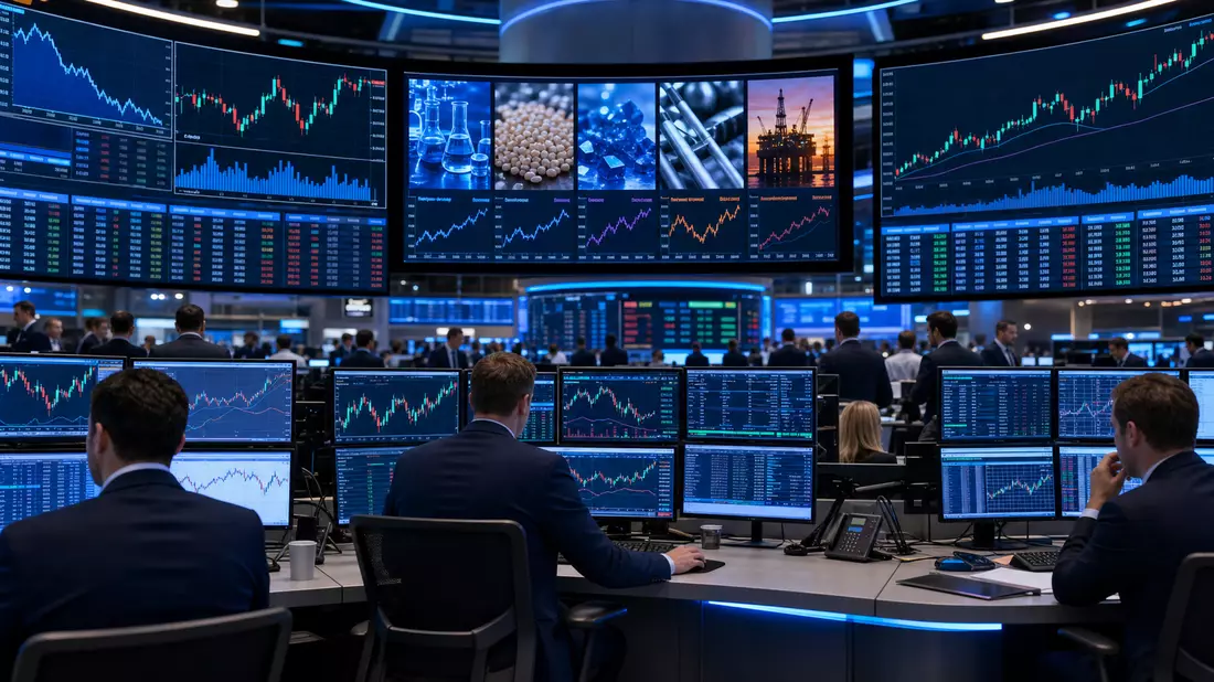 Trading-Floor mit Kursdiagrammen der Chemiebranche, redaktioneller Bezug zu LyondellBasell (NL0009434992)