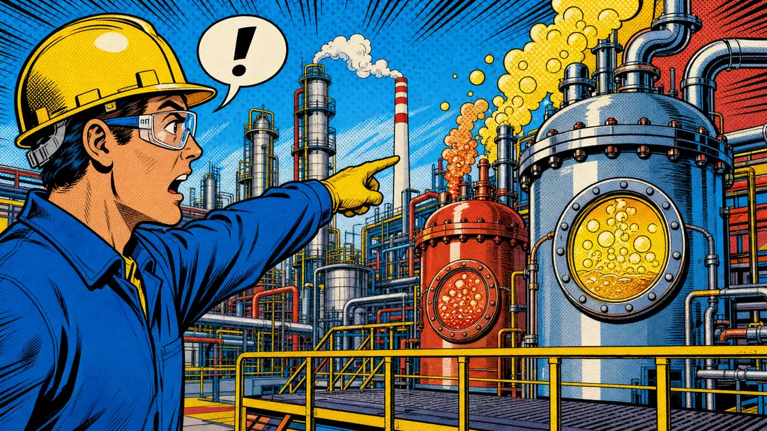 Pop-Art-Comic mit Arbeiter und Reaktoren im Chemiewerk, künstlerischer Bezug zu LyondellBasell (NL0009434992)