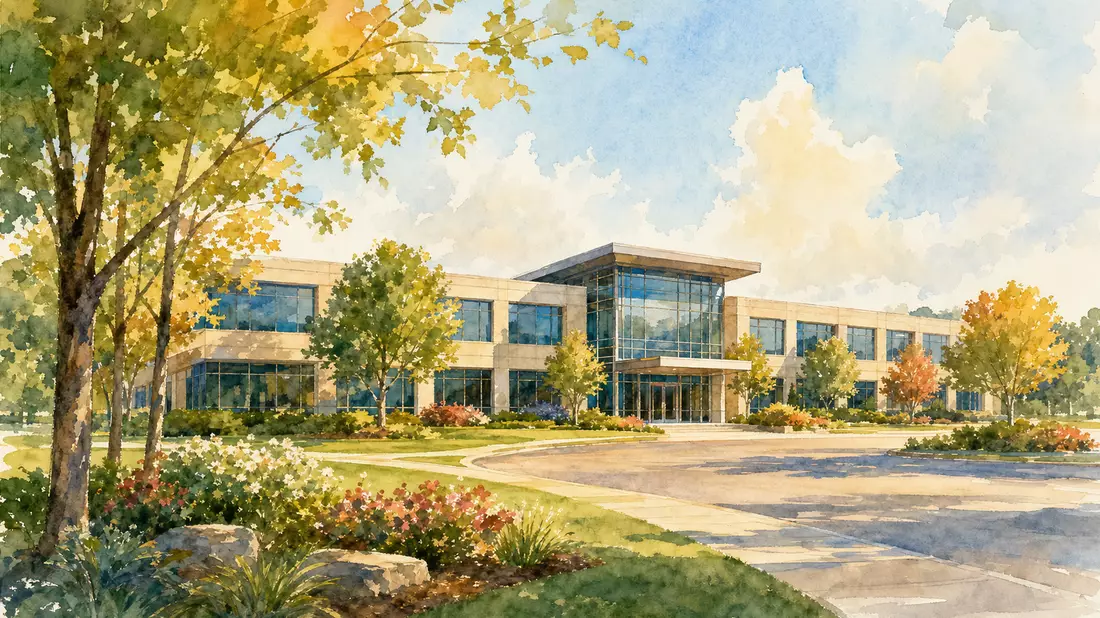 Aquarellbild eines Bürogebäudes mit Bäumen und Blumenbeeten im Sonnenlicht