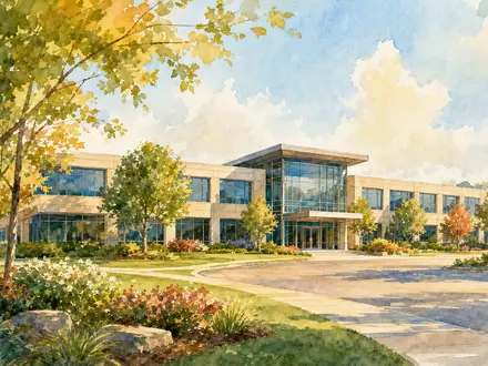 Aquarellmalerei zeigt ruhigen Firmensitz-Campus, künstlerisch inspiriert von Lowe's Companies, Kennnummer US5486611073, im Einzelhandelssektor - Foto: THN