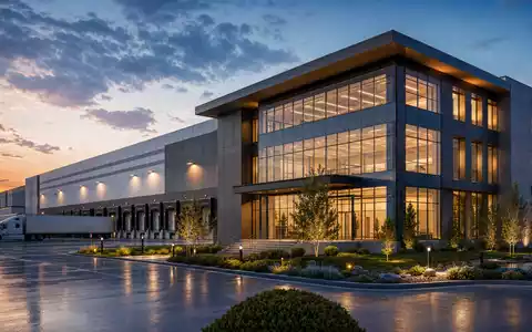 Architektur-Render eines Logistikzentrums bei Dämmerung illustriert die Lieferkette von Lowe's Companies, ISIN US5486611073, im Einzelhandel - Foto: THN
