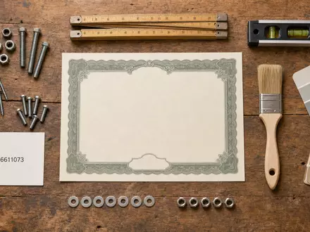 Flatlay-Arrangement mit Aktienzertifikat und Werkzeugen symbolisiert die Aktie von Lowe's Companies mit ISIN US5486611073 anschaulich - Foto: THN