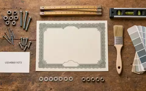 Flatlay-Arrangement mit Aktienzertifikat und Werkzeugen symbolisiert die Aktie von Lowe's Companies mit ISIN US5486611073 anschaulich - Foto: THN