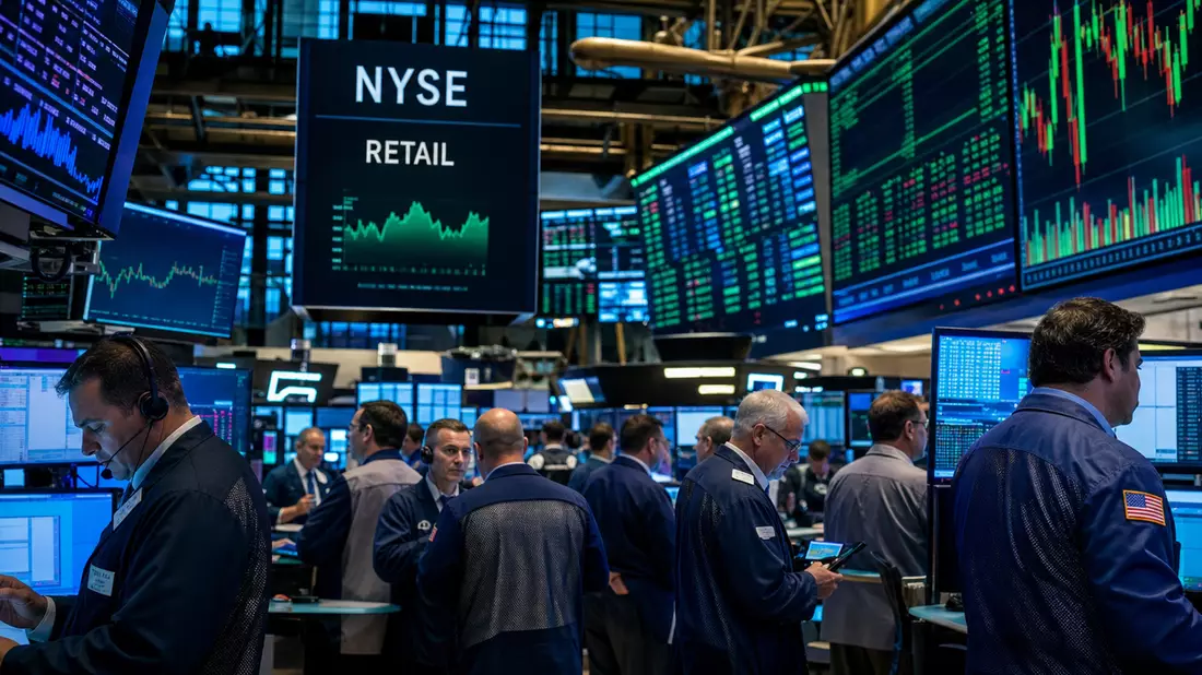 Trading-Floor mit Kursbildschirmen und Händlern, Anzeige NYSE und Sektor Einzelhandel