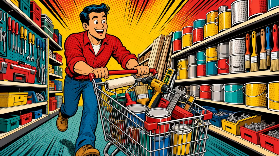 Pop-Art-Comic eines lächelnden Kunden mit Einkaufswagen voller Werkzeug im Baumarkt