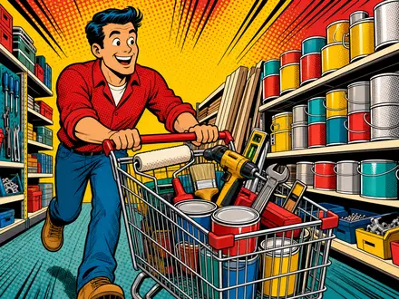 Farbenfrohe Pop-Art-Comicszene eines Baumarktkunden greift humorvoll das Einzelhandelsgeschäft von Lowe's Companies, ISIN US5486611073, auf - Foto: THN