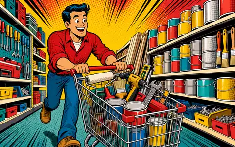 Farbenfrohe Pop-Art-Comicszene eines Baumarktkunden greift humorvoll das Einzelhandelsgeschäft von Lowe's Companies, ISIN US5486611073, auf - Foto: THN
