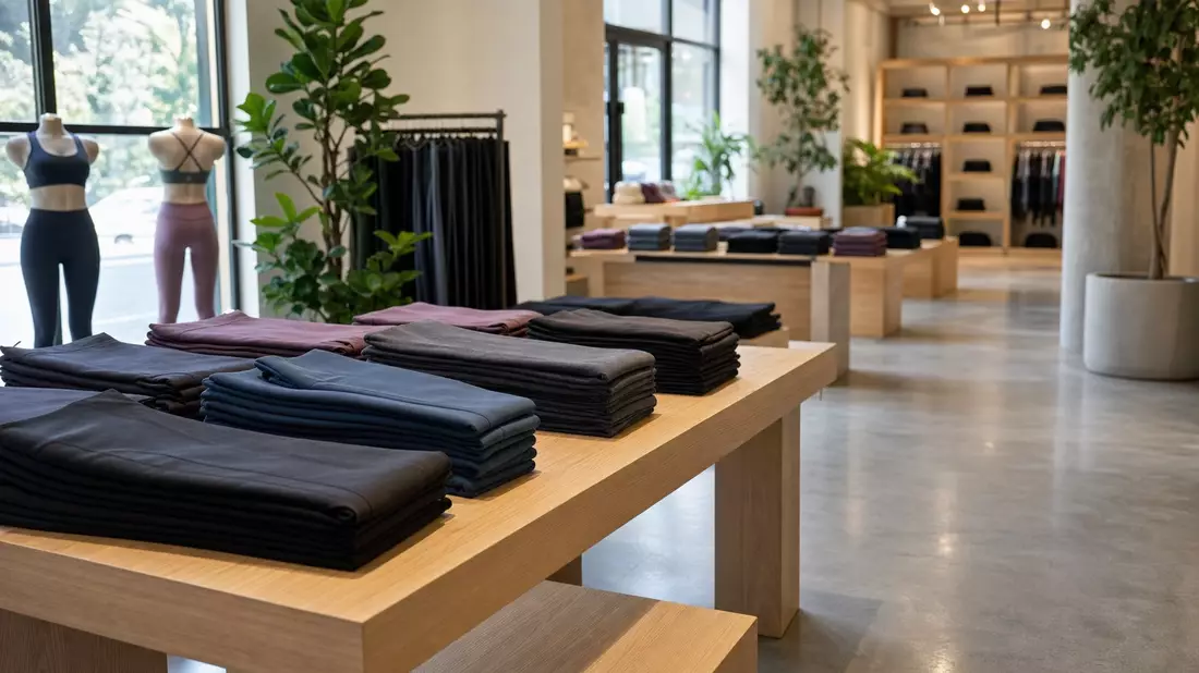 Minimalistischer Sportbekleidungs-Store mit gefalteten Leggings auf Holztischen