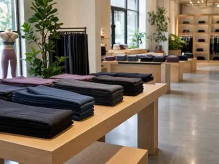 Modernes Ladeninterieur mit gefalteter Sportbekleidung symbolisiert Lululemon Athletica, Aktie mit ISIN CA5500211090 im Portfolio - Foto: THN