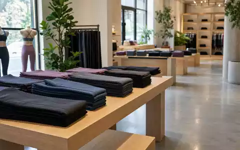 Modernes Ladeninterieur mit gefalteter Sportbekleidung symbolisiert Lululemon Athletica, Aktie mit ISIN CA5500211090 im Portfolio - Foto: THN