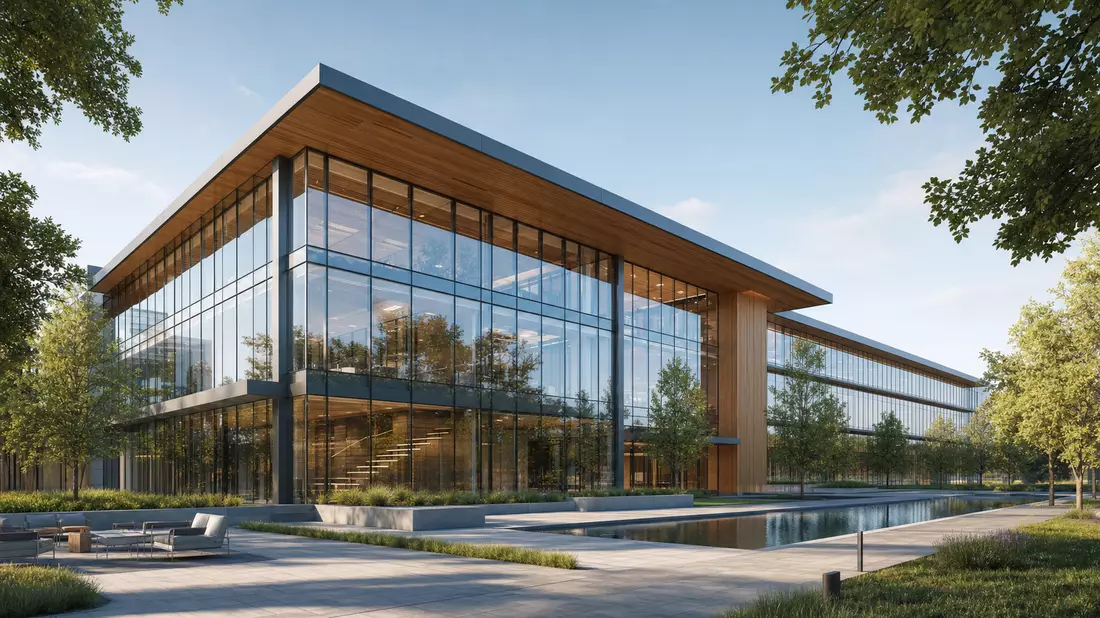 Modernes Glas- und Holzgebäude mit Teich und Grünanlage im Architektur-Rendering