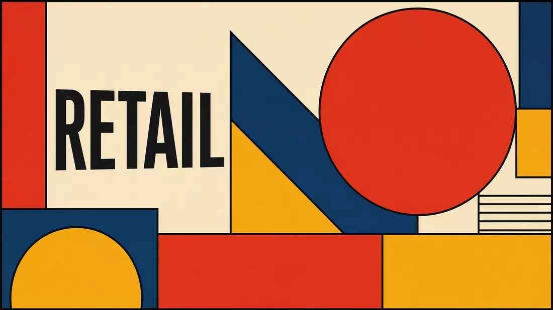 Buntes geometrisches Bauhaus-Poster mit Kreisen, Dreiecken und dem Wort RETAIL