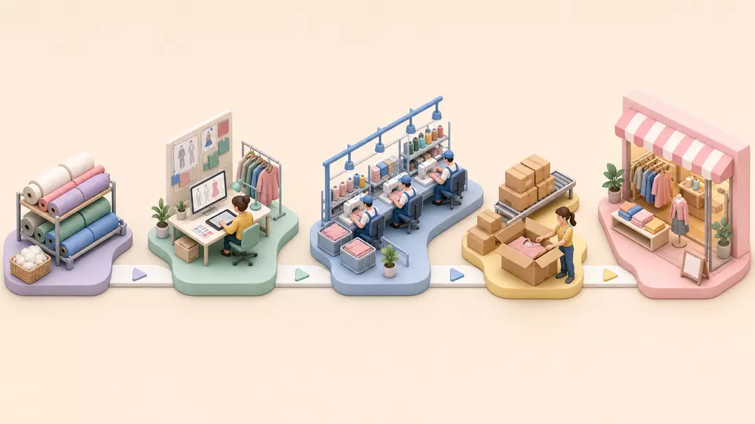 Isometrische 3D-Illustration der Wertschöpfungskette von Textil bis Einzelhandel