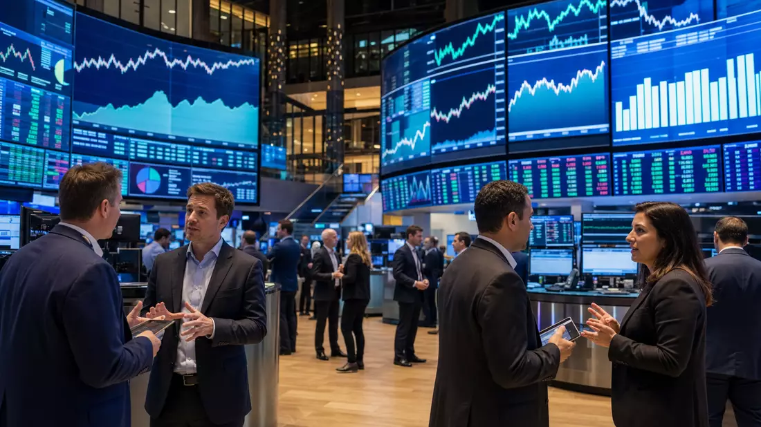 Trader diskutieren vor großen Bildschirmen mit Aktiencharts auf dem Börsenparkett