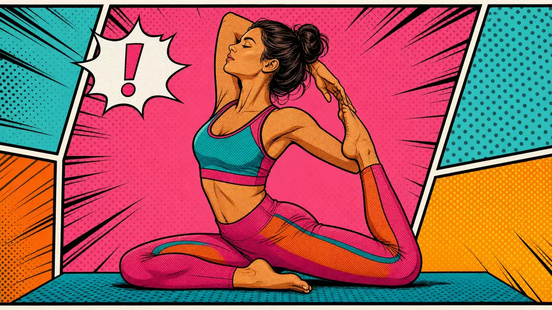 Pop-Art-Comicillustration einer Frau in Yoga-Pose mit bunter Sportbekleidung