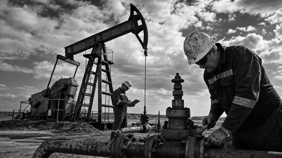 Schwarzweiß-Reportagefoto von Ölarbeitern an einer Pumpjack-Anlage, passend zu Marathon Oil