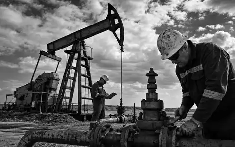 Marathon Oil (US5658491064): dokumentarische Schwarzweiß-Reportage zeigt Ölarbeiter bei Wartung einer Pumpjack-Anlage im Feld - Foto: THN