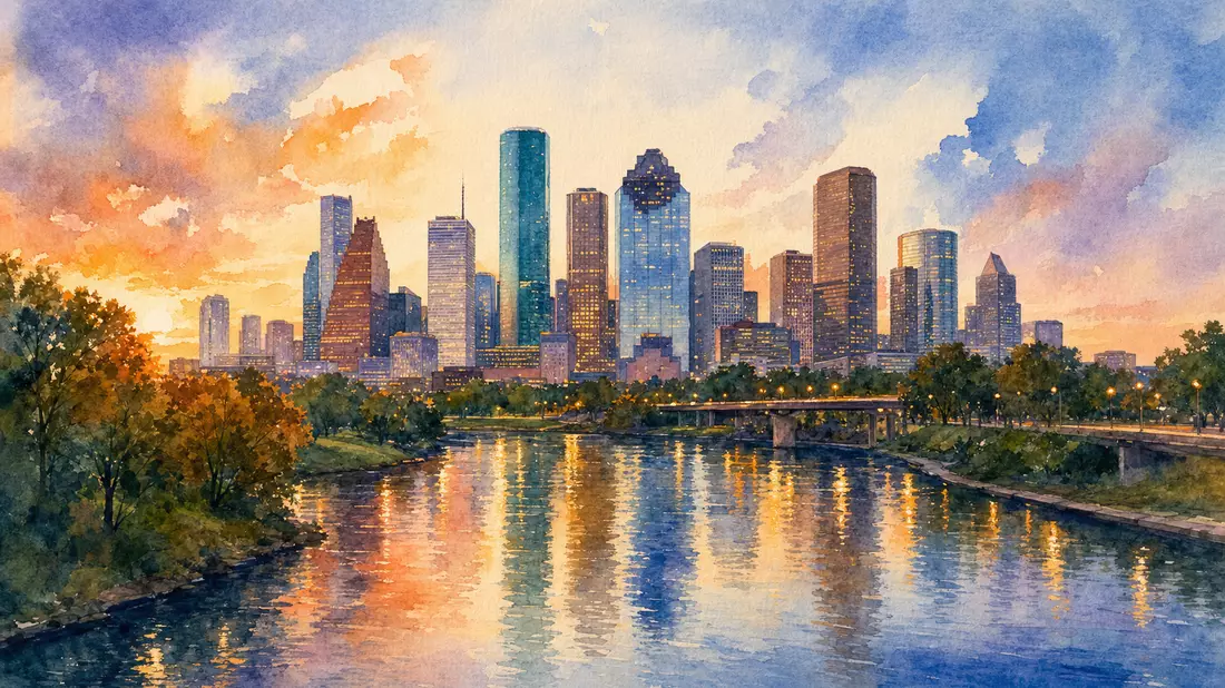 Aquarell der Houston-Skyline bei Sonnenuntergang, Standortsymbol für Marathon Oil