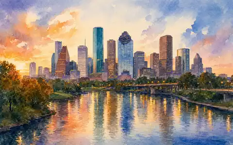 Marathon Oil (US5658491064): Aquarellgemälde der Houston-Skyline bei Dämmerung symbolisiert den amerikanischen Öl- und Gas-Firmensitz - Foto: THN