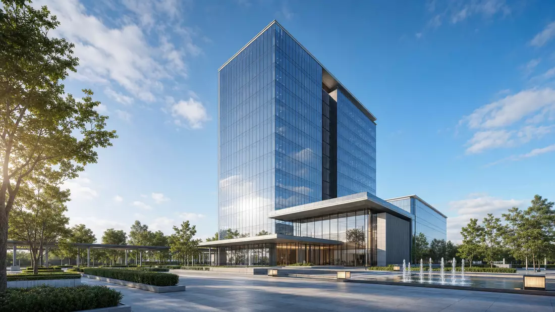 Architektur-Render eines modernen Glas-Bürogebäudes, stilisiert für Marathon Oil