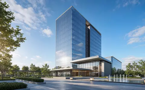 Marathon Oil (US5658491064): modernes Architektur-Render eines gläsernen Bürohochhauses repräsentiert den Unternehmenssitz eines Energiekonzerns - Foto: THN