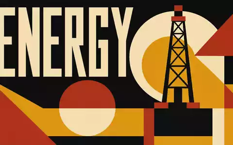 Marathon Oil (US5658491064): geometrisches Bauhaus-Poster mit Bohrturm-Silhouette und dem Sektor-Schriftzug ENERGY in kräftigen Farben - Foto: THN