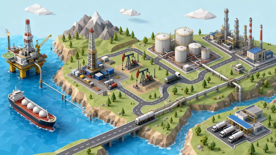 Isometrische 3D-Grafik der Öl-Wertschöpfungskette, Prozessdarstellung für Marathon Oil